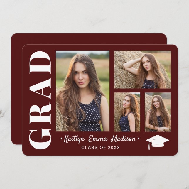 4 Photo Collage Modern Script Red Grad Announcement (Front/Back)
