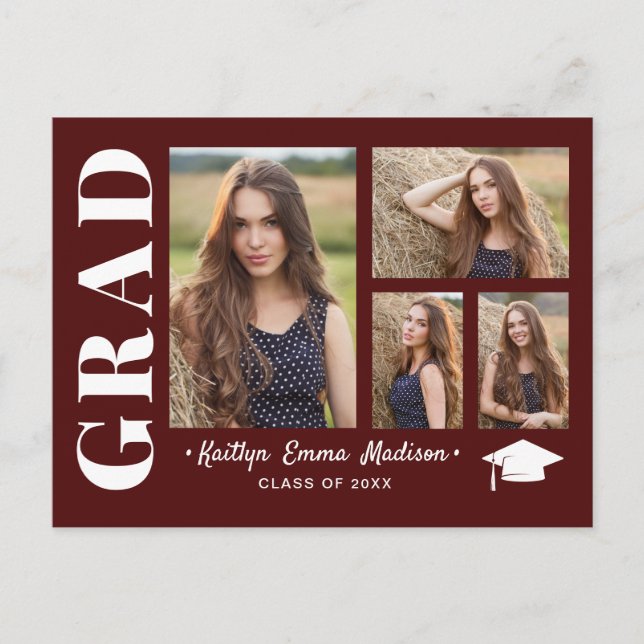 4 Photo Collage Modern Script Red Grad Postcard (Front)