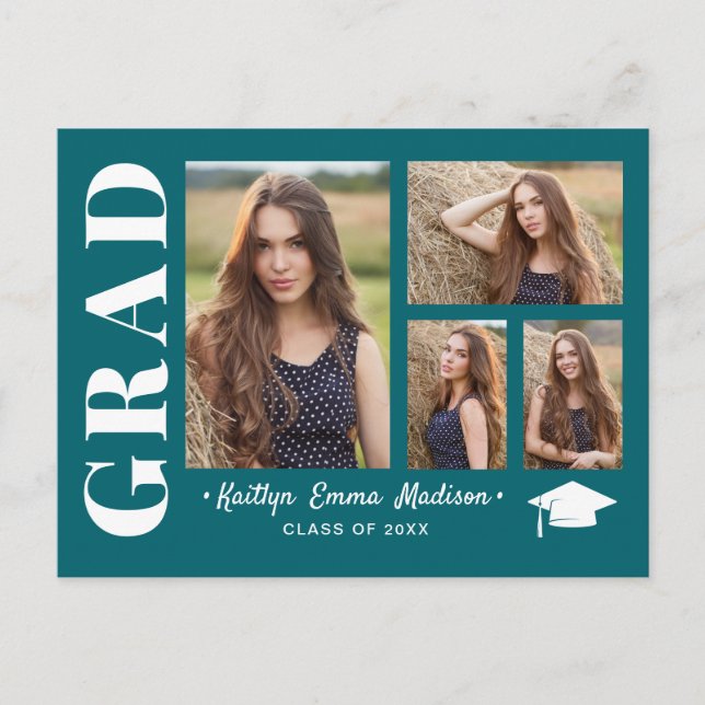 4 Photo Collage Modern Script Teal Grad Postcard (Front)