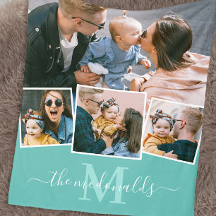 4 Photo Collage Monogram Name Teal Fleece Blanket