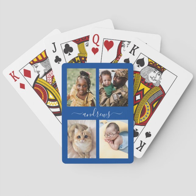 4 photo collage Navy Blue And White Personalised  Playing Cards (Back)
