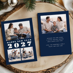 4 Photo Collage Navy Blue Silver New Year's Foil Holiday Card