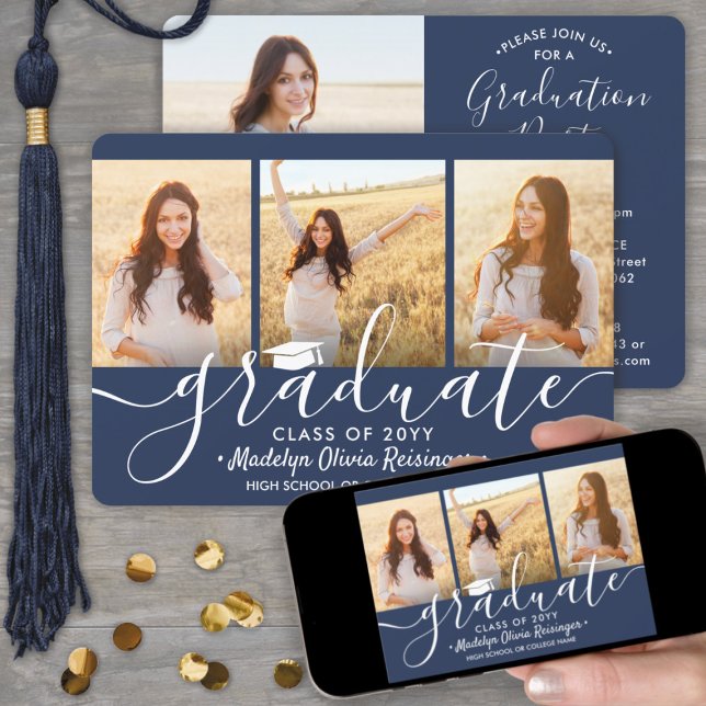 4 Photo Collage Navy Blue & White Graduation Party Invitation (Creator Uploaded)