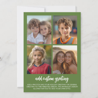 4 Photo Collage - Olive Green with White Text Holiday Card