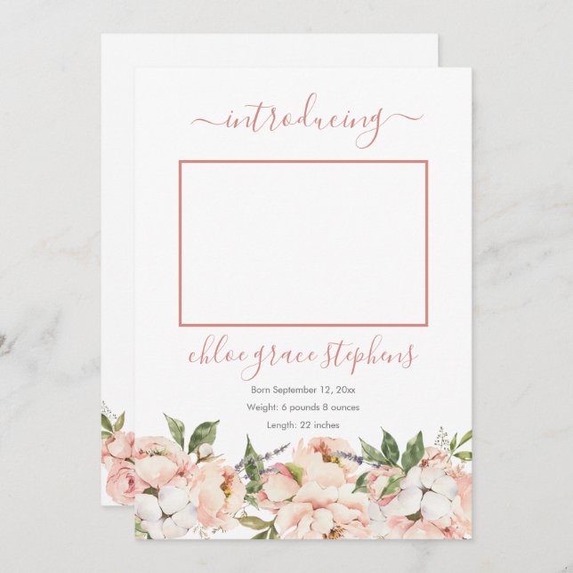 4 Photo Collage Peonies Floral Girl Birth Announce Announcement (Front/Back)