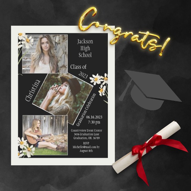 4 Photo Collage Personalised Daisy Graduation Announcement (Creator Uploaded)