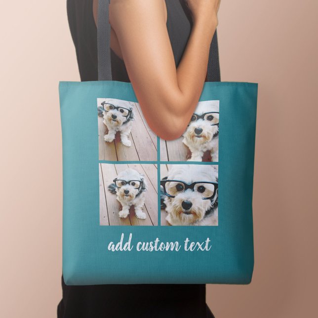 4 Photo Collage - PICK YOUR BACKGROUND COLOR Tote Bag (Personalized tote bag with photo and text)