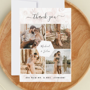 4 Photo Collage Pink Floral Wedding Thank You Card