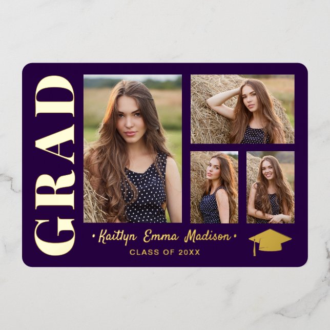 4 Photo Collage Purple & Gold Foil Grad Card (Front)