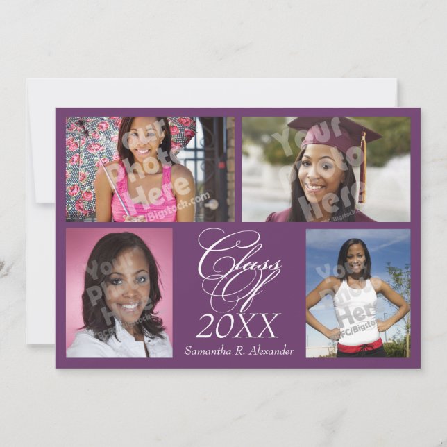 4-Photo Collage Purple Graduation Announcement (Front)