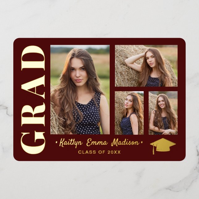 4 Photo Collage Red & Gold Foil Grad Card (Front)
