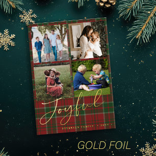 4 photo collage red green plaid Joyful Christmas Foil Holiday Card