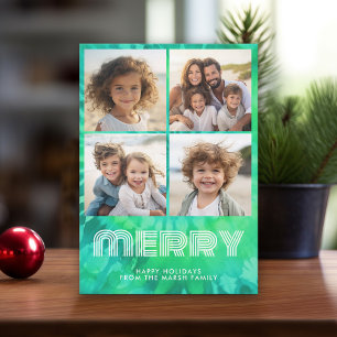 4 Photo Collage - retro MERRY - Tie-Dye Teal Holiday Card