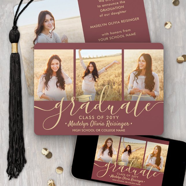 4 Photo Collage Script Burgundy & Gold Graduation Announcement (Creator Uploaded)