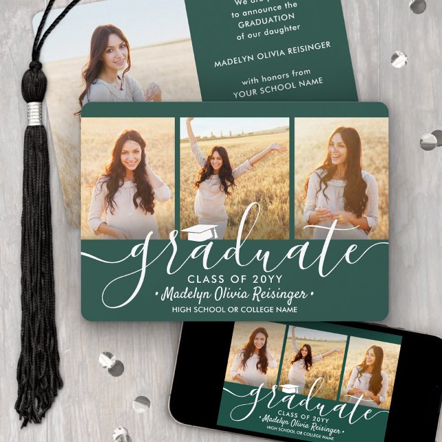 4 Photo Collage Script Dark Green White Graduation Announcement (Creator Uploaded)