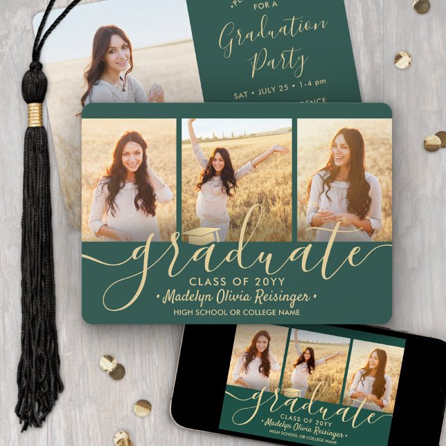 4 Photo Collage Script Green Gold Graduation Party Invitation (Creator Uploaded)