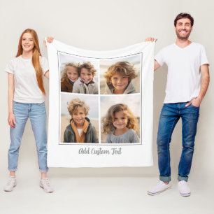 4 Photo Collage Trendy Script Text - White Grey Fleece Blanket