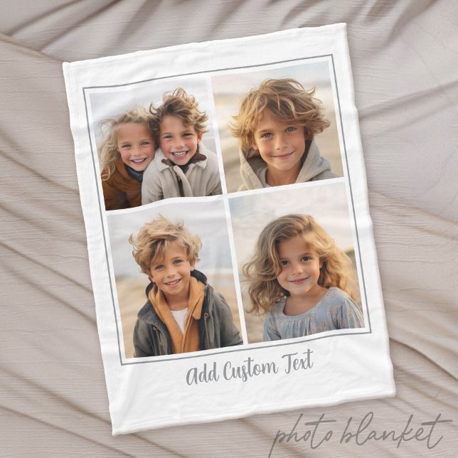 4 Photo Collage Trendy Script Text - White Grey Fleece Blanket (Custom Photo Blanket)