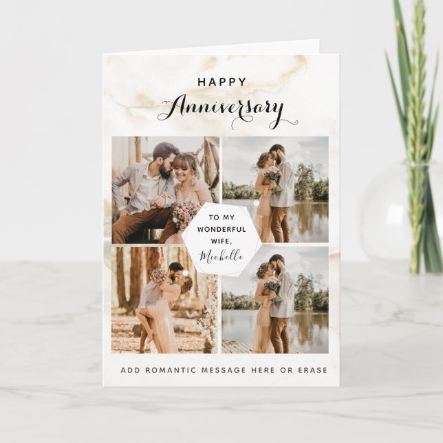 4 Photo Collage Wedding Anniversary Chic Marble Thank You Card (Front)