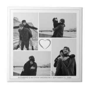 4 Photo Collage Wedding Anniversary Name & Date Ceramic Tile