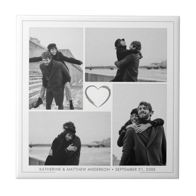 4 Photo Collage Wedding Anniversary Name & Date Ceramic Tile (Front)