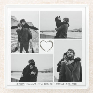 4 Photo Collage Wedding Anniversary Name & Date Glass Coaster