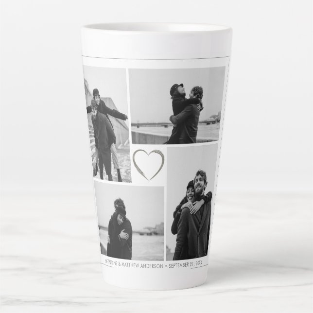 4 Photo Collage Wedding Anniversary Name & Date Latte Mug (Front)