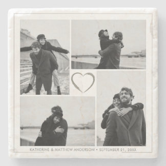 4 Photo Collage Wedding Anniversary Name & Date Stone Coaster