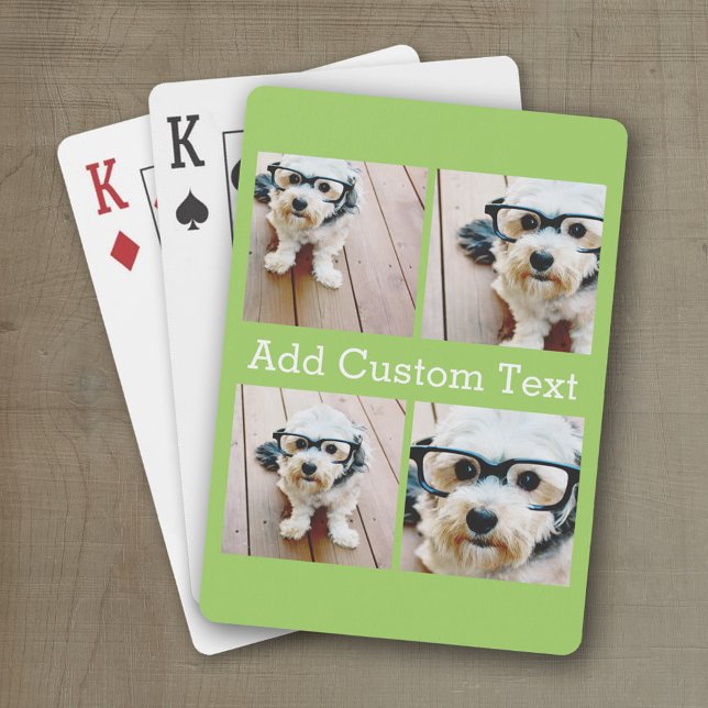 4 Photo Collage - White Serif Text - Lime Green Playing Cards (Personalized playing cards with photos and custom text)