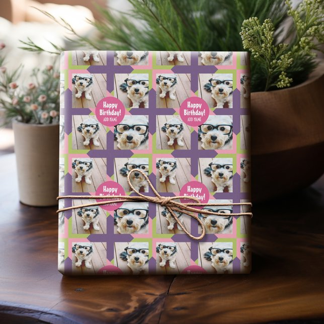 4 Photo Collage with Custom Happy Birthday Name Wrapping Paper (Personalized Birthday Photo Wrapping Paper)