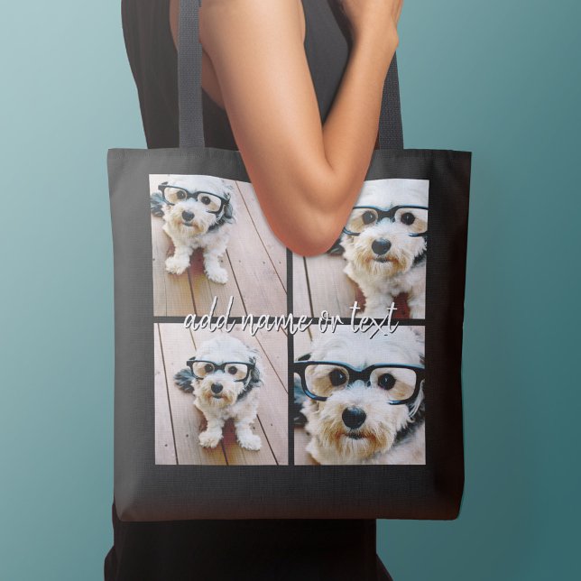 4 Photo Collage with handwritten name - black Crossbody Bag (Personalized tote bag with photos collage and text)