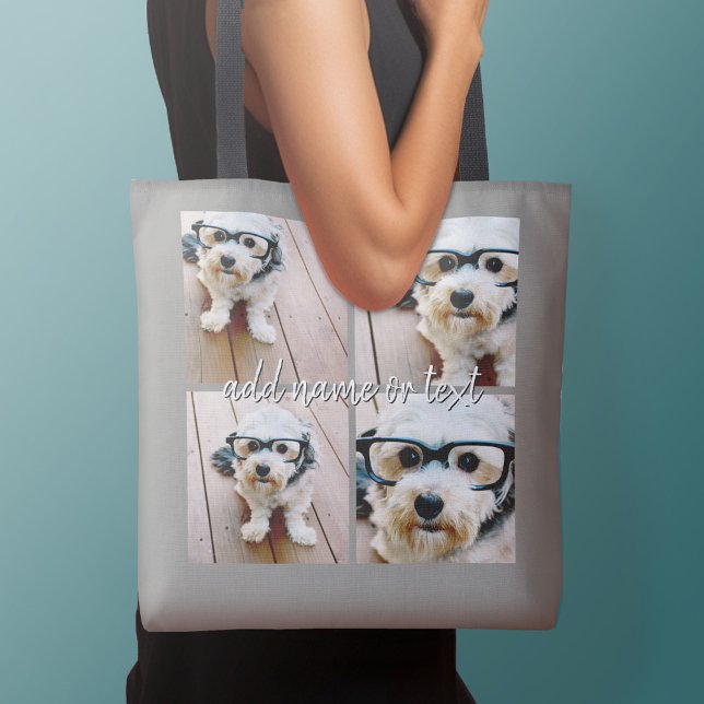 4 Photo Collage with handwritten name - grey Crossbody Bag (Personalized tote bag with photos collage and text)