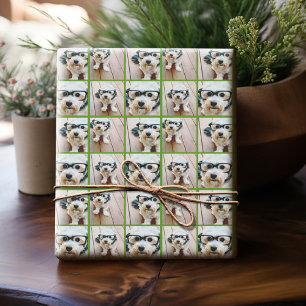 4 Photo Collage with Holiday Green Wrapping Paper
