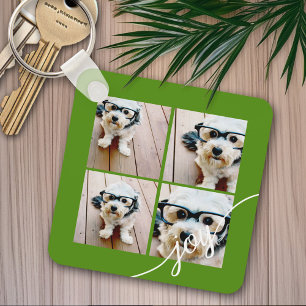 4 Photo Collage with Holiday Joy Green Key Ring