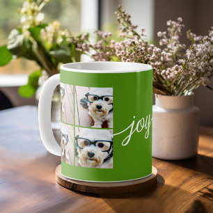 4 Photo Collage with Holiday Joy Green Mug