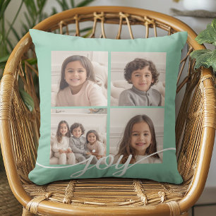 4 Photo Collage with Holiday Joy Mint Cushion