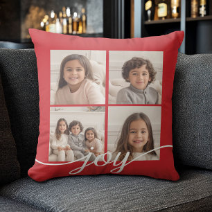 4 Photo Collage with Holiday Joy Red Cushion