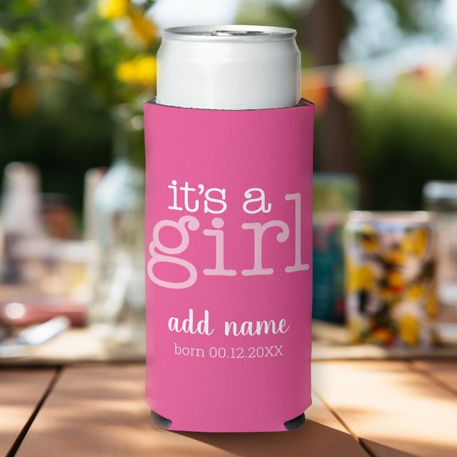 4 Photo Collage with - It's A Girl Whimsical Pink Seltzer Can Cooler (Personalized Seltzer Cooler - add custom text and more)