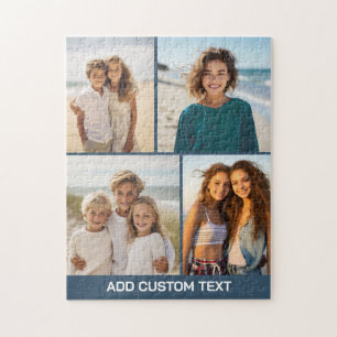 4 Photo Collage with modern text - blue and white Jigsaw Puzzle