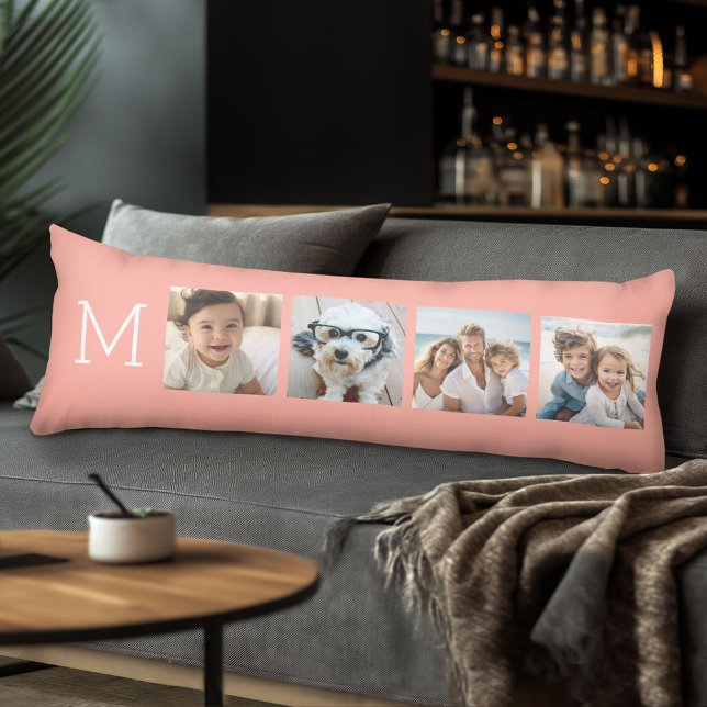 4 Photo Collage with Monogram Initial - Coral Body Cushion (Body Pillow with Photo Collage)