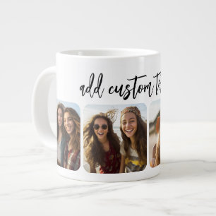 4 Photo Collage with trendy bounce script - white Large Coffee Mug