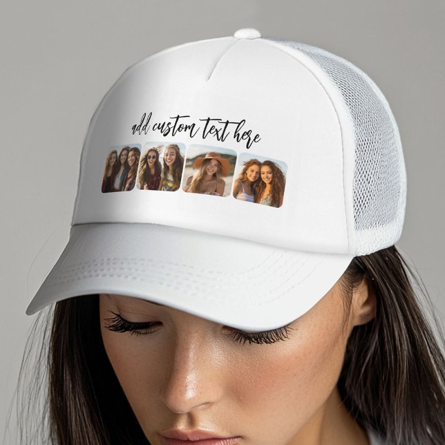 4 Photo Collage with trendy bounce script - white Trucker Hat (Custom Trucker Hat with Photo Collage)