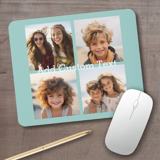 4 Photo Collage - you can change background blue Mouse Pad (Personalized mousepad - add your photos and custom text)