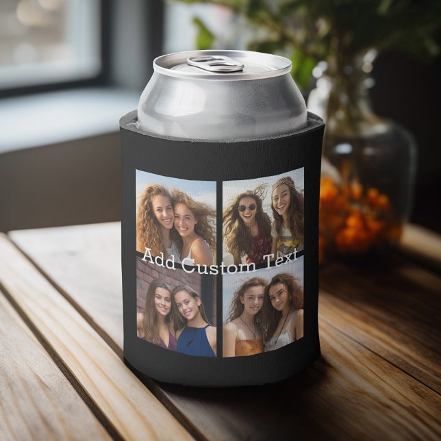 4 Photo Collage - you can change background colour Can Cooler (Fun personalized 4 photo can cooler with a place to add custom text)