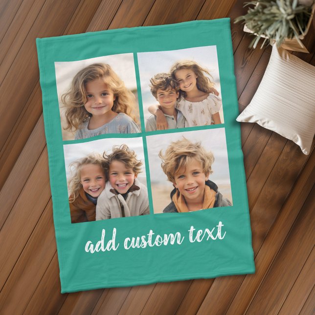 4 Photo Collage - you can change background colour Fleece Blanket (Personalized fleece blanket with 4 photos and custom text)
