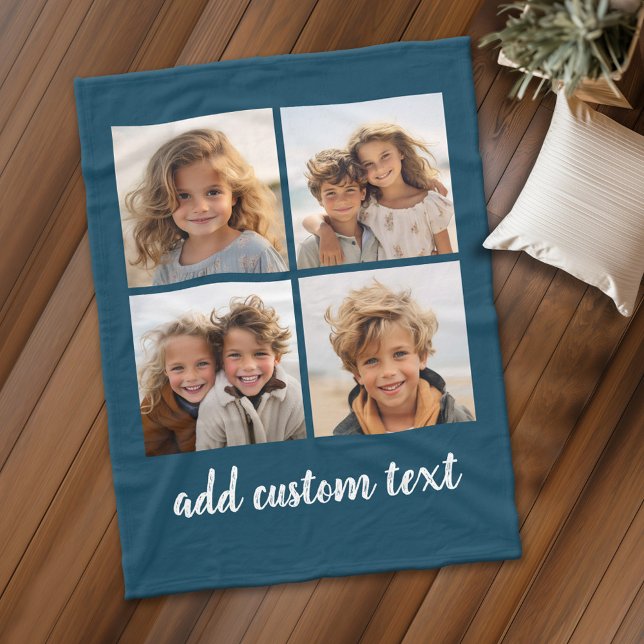 4 Photo Collage - you can change background colour Fleece Blanket (Personalized fleece blanket with 4 photos and custom text)