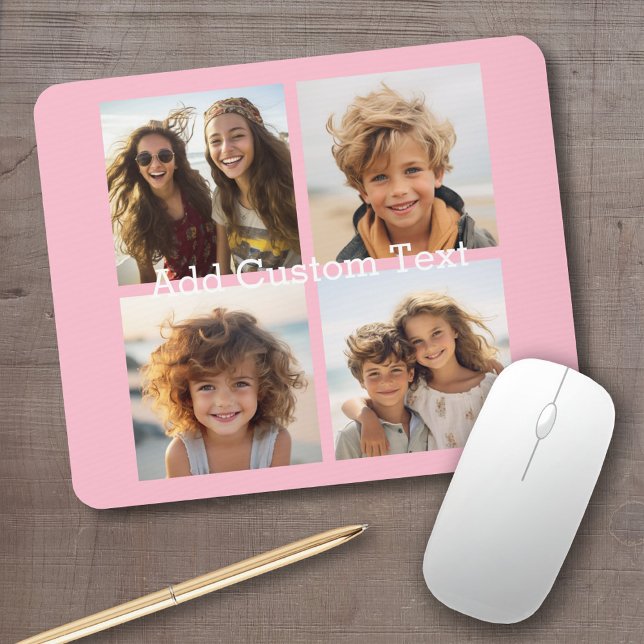 4 Photo Collage - you can change background pink Mouse Pad (Personalized mousepad - add your photos and custom text)
