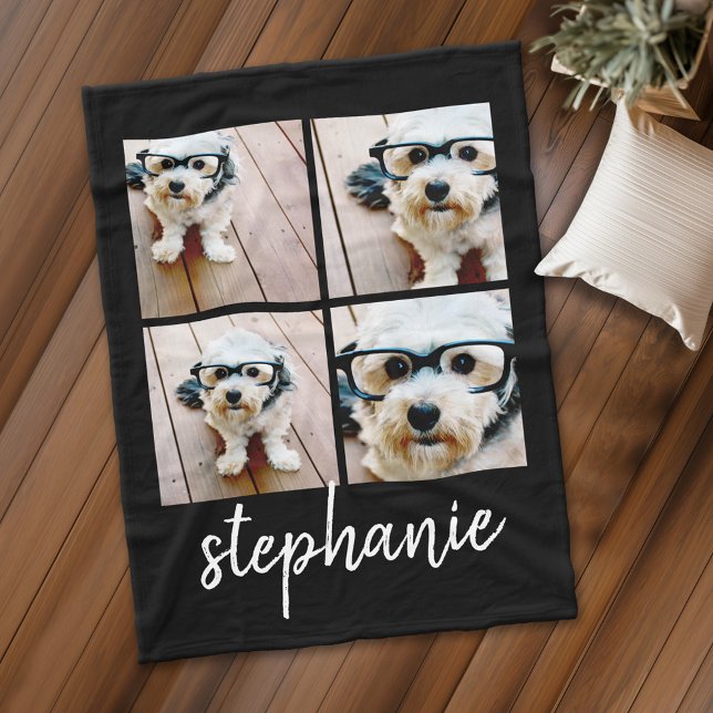 4 Photo Collage - you can edit black colour Fleece Blanket (Personalized fleece blanket with 4 photos and custom text)