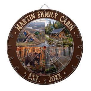 4 PHOTO Custom Text, Family Log Cabin BROWN BORDER Dartboard