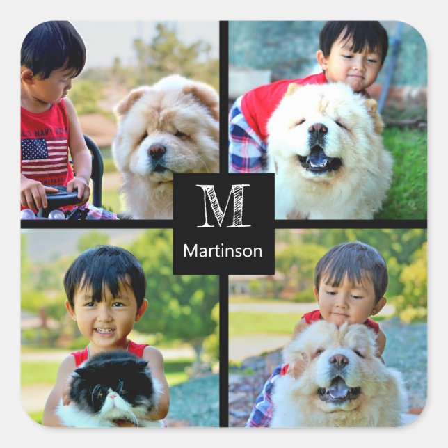4 Photo Customised Collage with Monogram Square Sticker (Front)